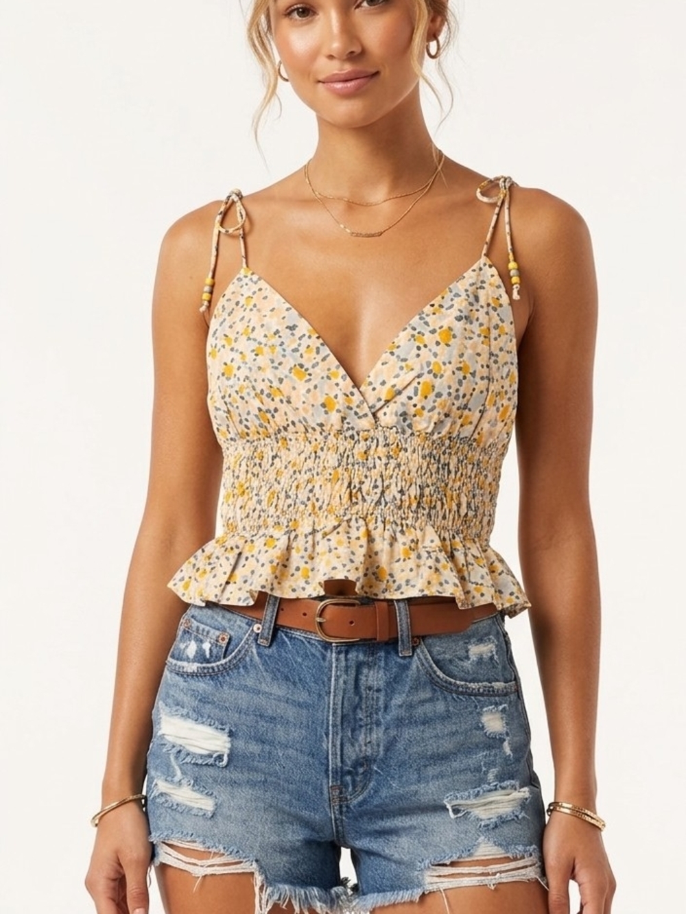 Sim & Sam Yellow Floral Smocked Peplum Cami Top Med